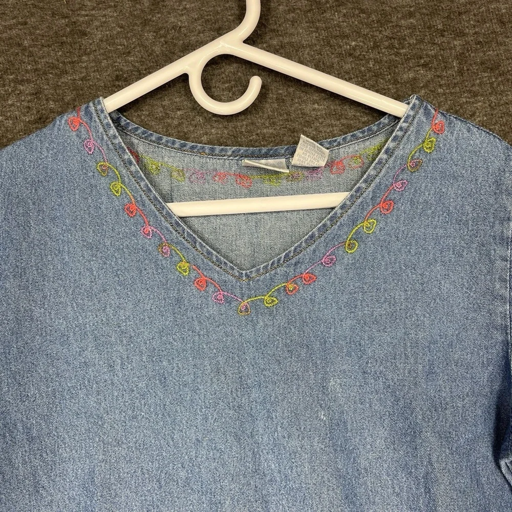 Bleu Bayou Denim Jean Blouse Shirt Womens S Embroidered Floral Cottagecore Y2K - Picture 2 of 16